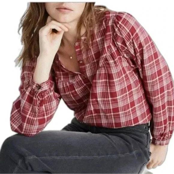 Madewell Maroon Tartan Plaid Blouse size XXS Like New - Picture 1 of 5